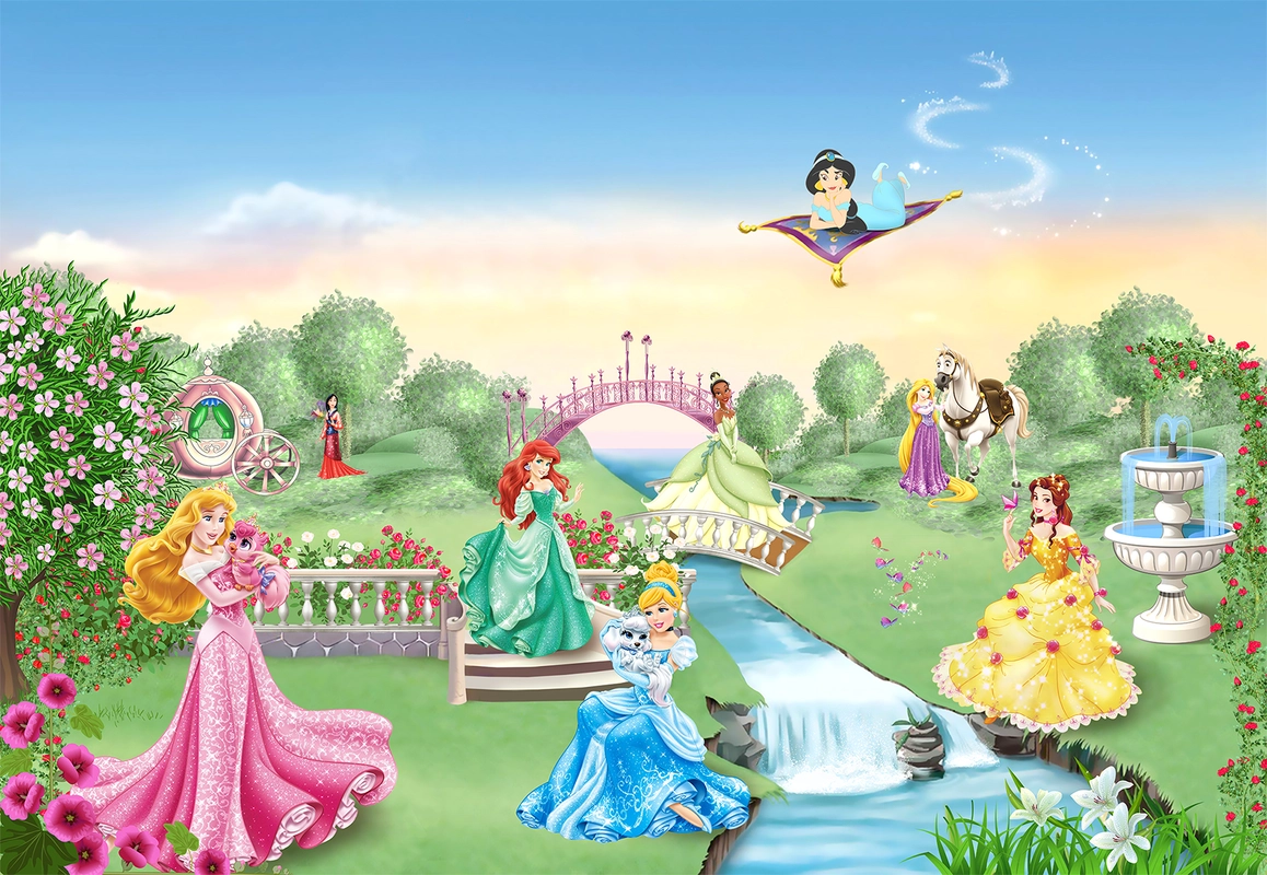 детские, для девочек, принцессы, ручей, поляна, цветы, фонтан, мосты, зелёные, голубые, розовые