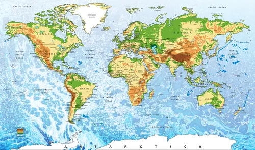 карта мира, страны, материки, голубые, бежевые, зелёные